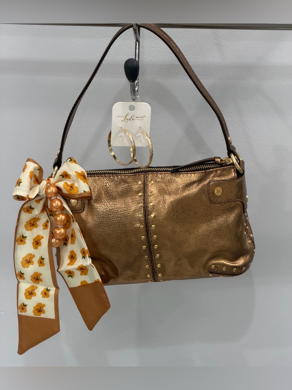 Michael Kors Metallic Bronze Shoulder Bag with Scarf Detail& earrings